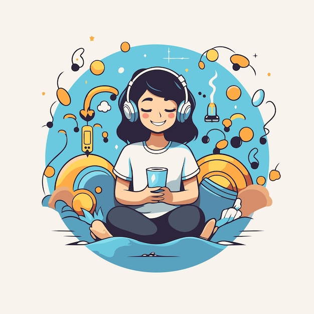 Girl listening to music with headphones and mobile phone Vector illustration