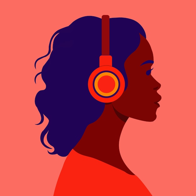 Girl listens to music in headphones Profile of a young African woman