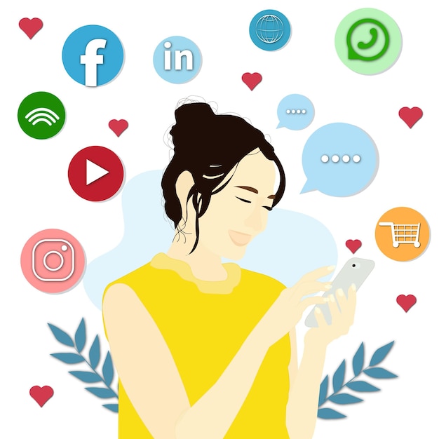 Vector girl looking at cellphone with social media background