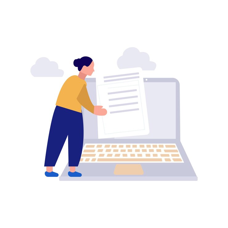 Vector girl looking at document on laptop