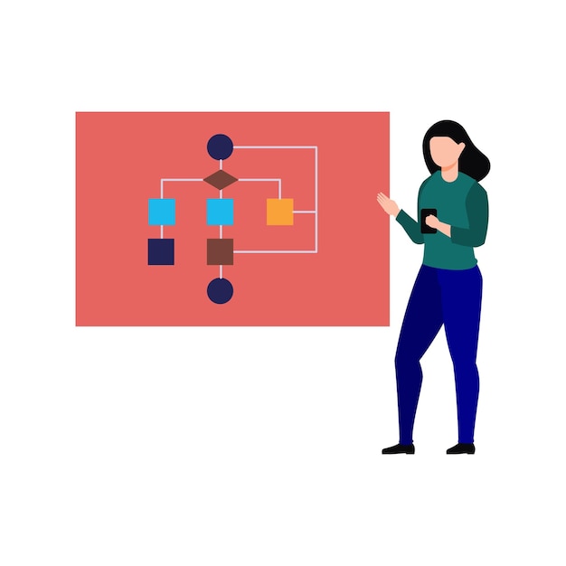 Vettore ragazza che esamina il diagramma del diagramma di flusso