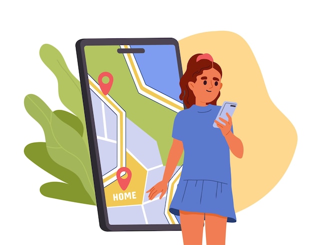 벡터 스마트폰으로 집으로 가는 길을 찾는 소녀는 지도 내비게이션과 지리적 위치 관광을 살펴봅니다.