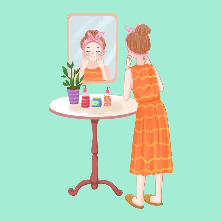 Vector girl looking in the mirror and taking care of her face