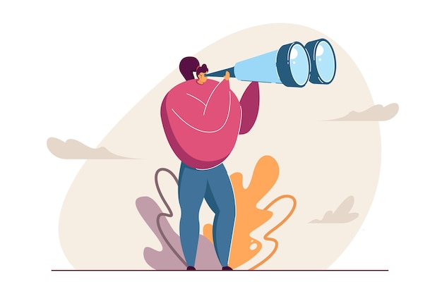Girl looking through binocular far ahead vector illustration. Woman standing and seeing sights from afar. Clouds, bushes in background. Tourist, explorer concept
