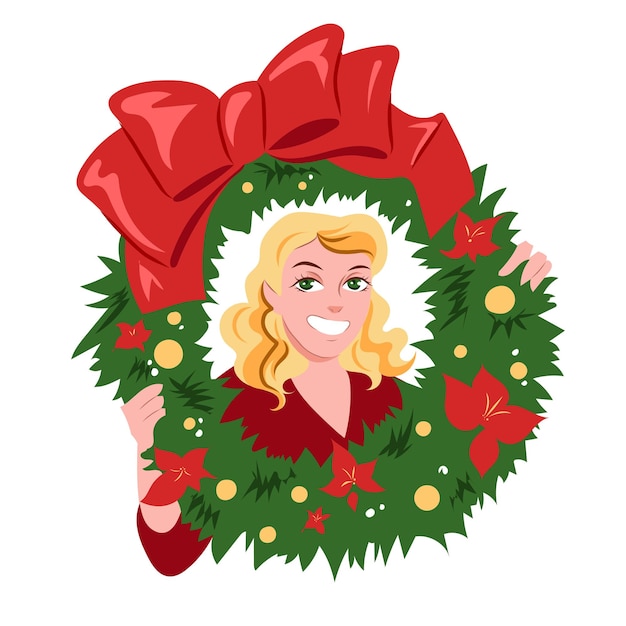 Girl looking through a Christmas wreath Christmas tree new year celebrate celebration holiday door decor decoration big red bow flowers Smiling woman with blond hair Vector illustration