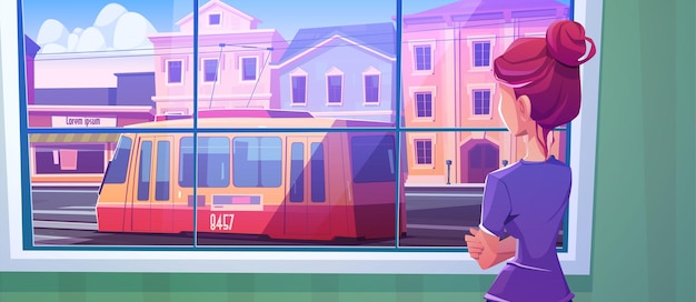 Vector girl looking at window at tram on city street outside. vector cartoon illustration of urban landscape with tramway, road, houses and woman standing inside home