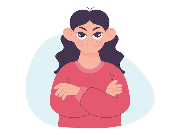 Vector girl looking with an angry look hands folded vector illustration