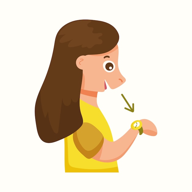 The girl looks at her watch. vector illustration in flat style