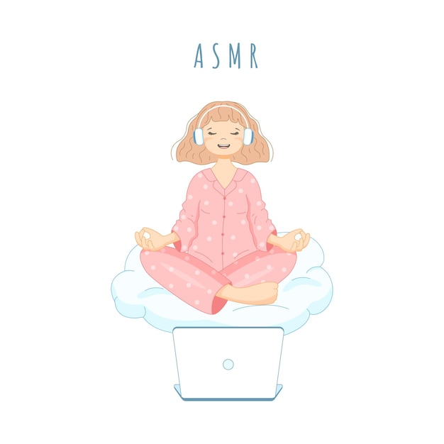 Vector girl in lotus pose listening to asmr. character in cartoon style.