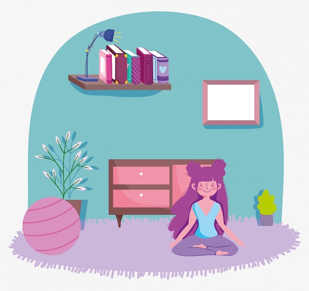 Girl in lotus pose yoga with ball in the room, exercises at home