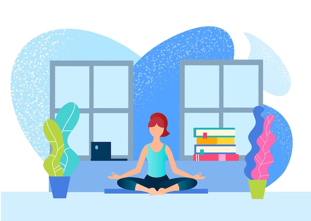 A girl in a Lotus position between a laptop and a stack of books Vector illustration