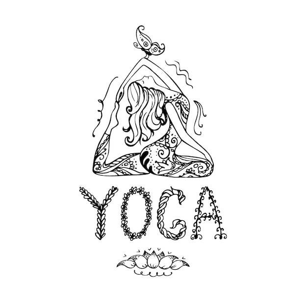 Vector girl in lotus yoga pose doodle hand drawn vector illustration in zentangle style yoga club