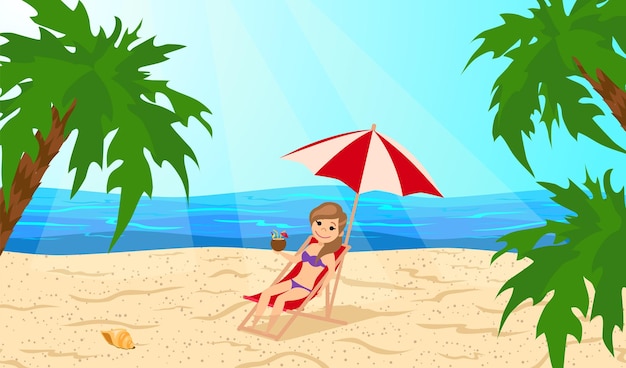 Premium Vector | Girl in a lounge chair under an umbrella on the beach