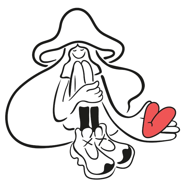 girl in love in a mushroom hat with long hair in a flat style