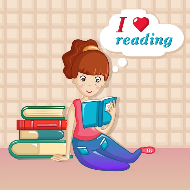 Vector girl love reading concept, cartoon style