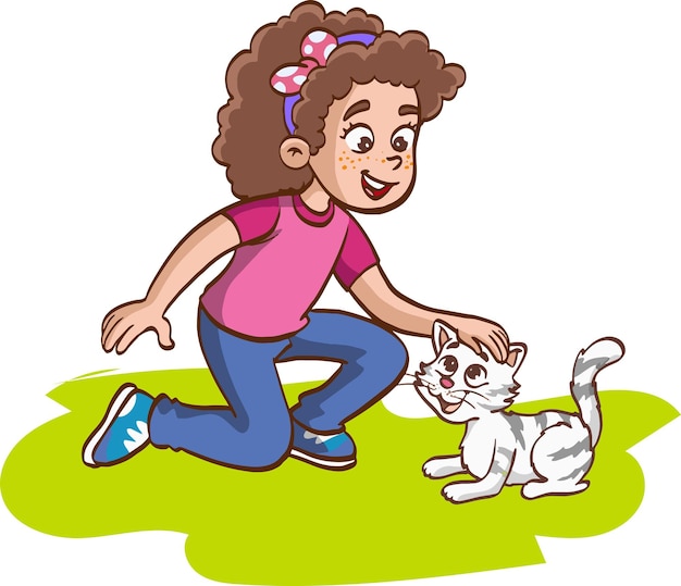 girl loving a cute kitten vector illustration