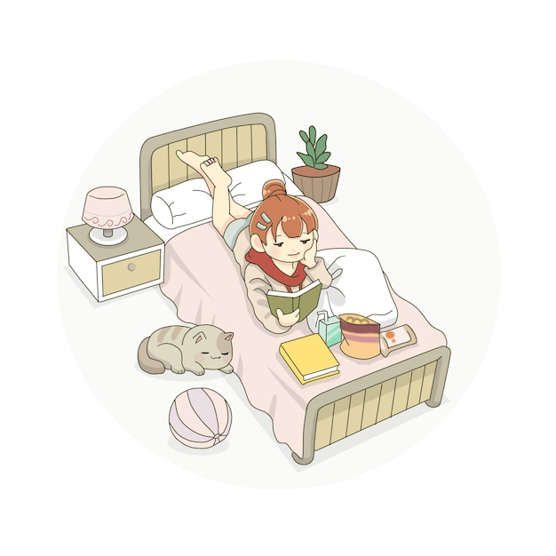 girl lying in bed with her cat vektor illustration
