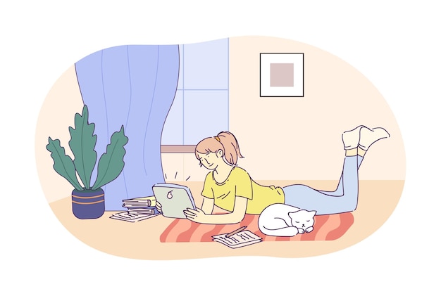 Vector girl lying on floor and working with tablet pc