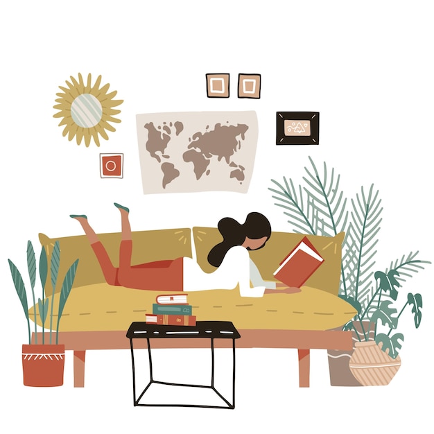 Ragazza sdraiata su un divano e leggere un libro illustrazione piatta in stile moderno