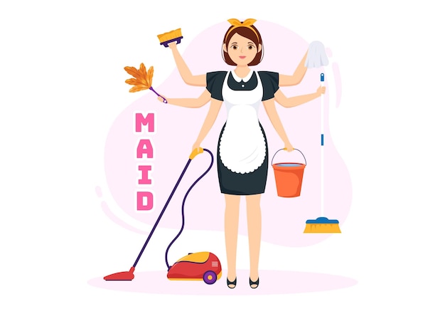 Girl Maid Illustration of Cleaning Service Wearing her Uniform with Apron for Clean a House