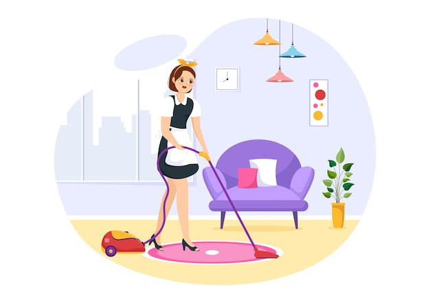 Girl maid illustration of cleaning service wearing her uniform with apron for clean a house