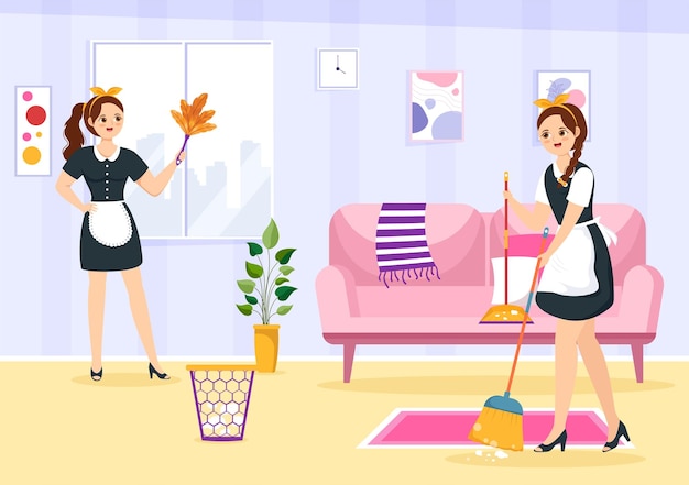 집 청소를 위해 앞치마와 유니폼을 입고 청소 서비스의 소녀 가정부 그림