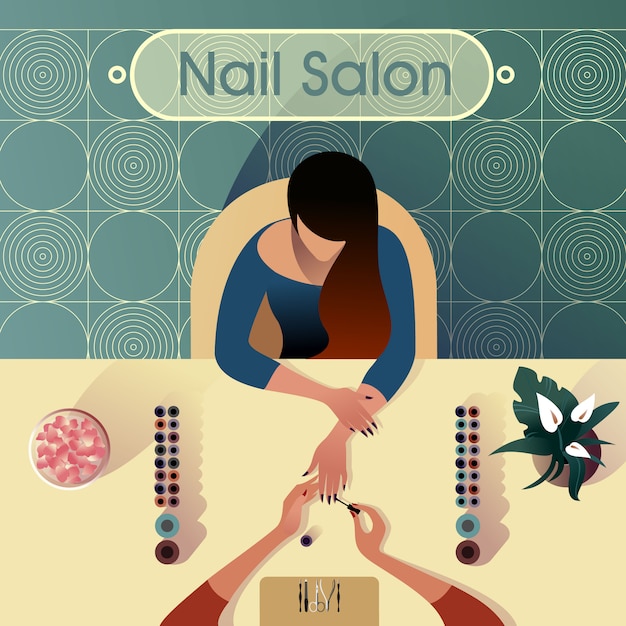 Vettore la ragazza fa una manicure in un salone per unghie, illustrazione di vita di città moderna.