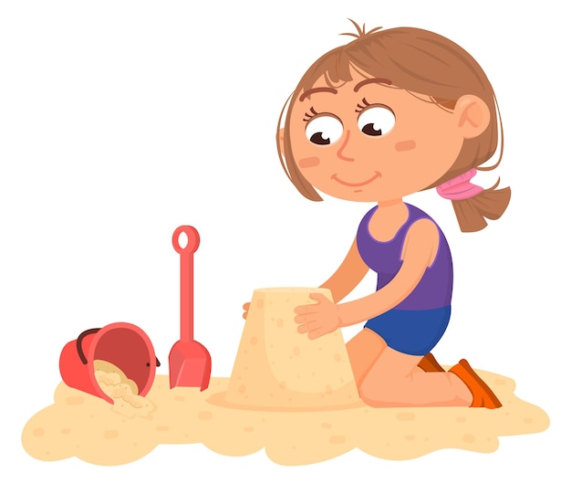 Girl making sandcastle Happy cartoon kid on beach