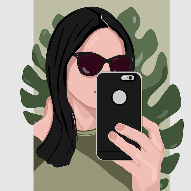 Vector girl making selfie flat illustration