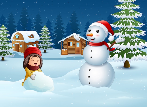 Девушка делает снеговика зимой и снежный пейзаж