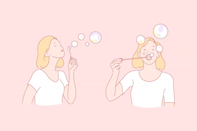 Girl making soap bubbles illustration