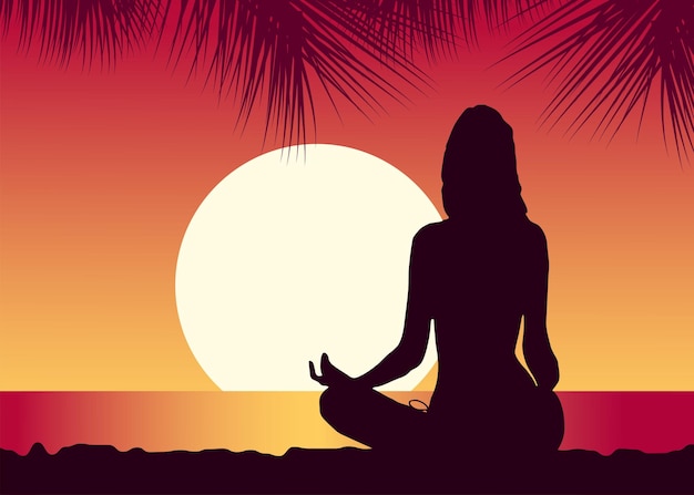 Vettore la ragazza medita sulla spiaggia al tramontox9xdxavector