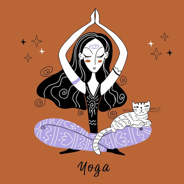 Una ragazza medita con un gatto zen yoga here and now namaste vector