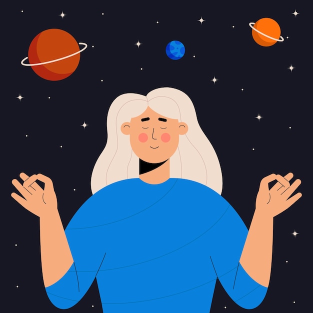 Vector girl meditating on the background of the starry sky flat vector illustration