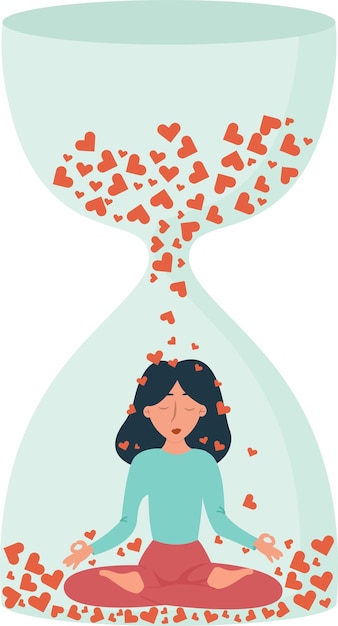 Vector a girl meditating in an hourglass under falling hearts