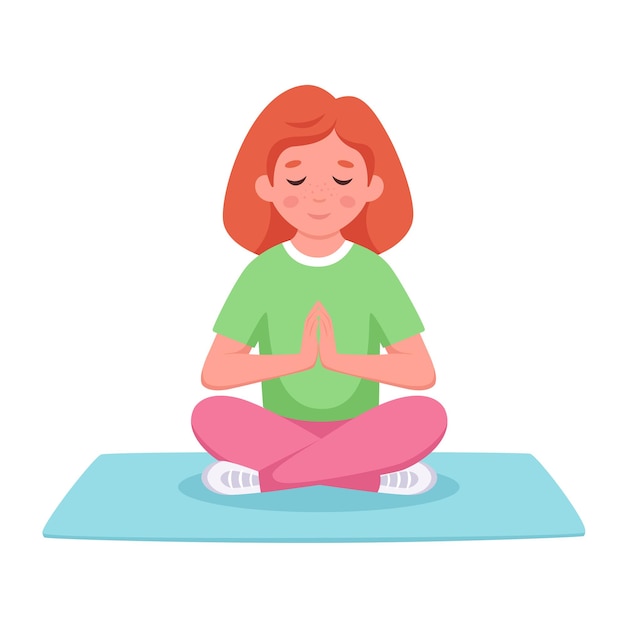 Девушка медитирует в позе лотоса гимнастическая йога и медитация для детей векторные иллюстрации