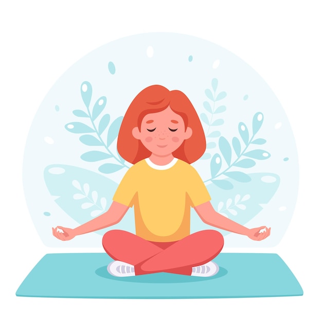 Girl meditating in lotus pose gymnastic yoga and meditation for children