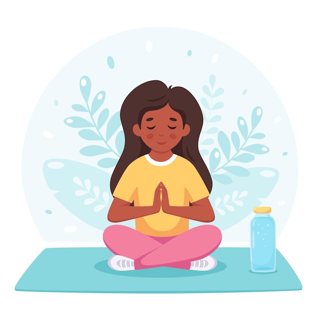 Vector girl meditating in lotus pose gymnastic yoga and meditation for children