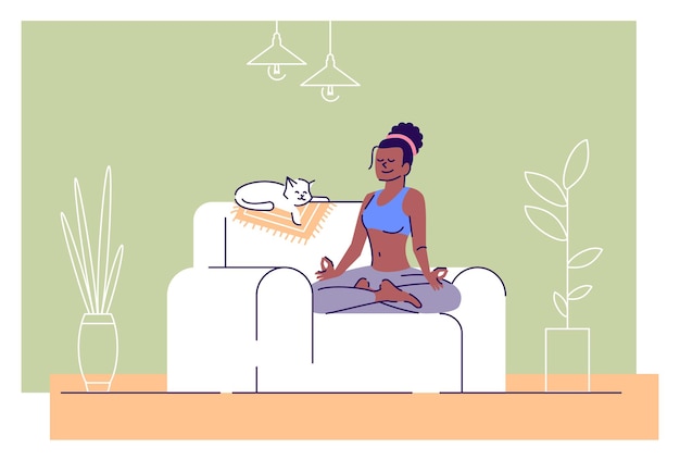 Girl meditating in lotus position flat vector illustration. stress management. harmony, balance of mind. calm woman and sleeping cat on sofa cartoon character with outline elements on green background