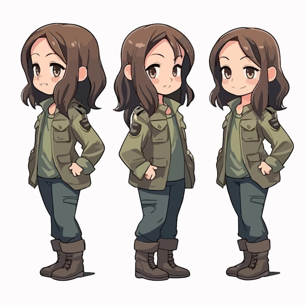 Girl in military attire cartoon illustration vector pose little child