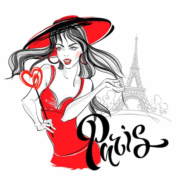 Vector girl model in paris against the eiffel tower. illustration.