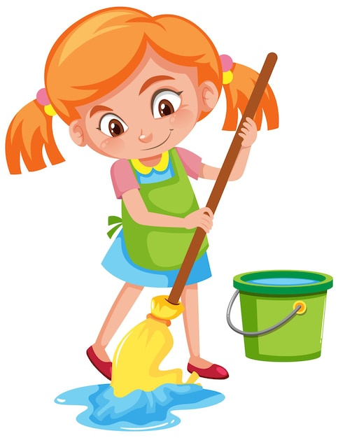 Vector girl mopping the floor on white background