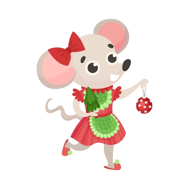 白い背景の赤いドレスのベクトルイラストの女の子マウス