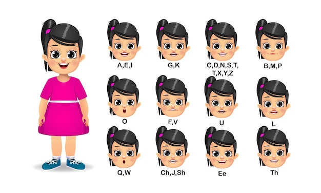 女の子の口のアニメーションとアルファベットの発音セット