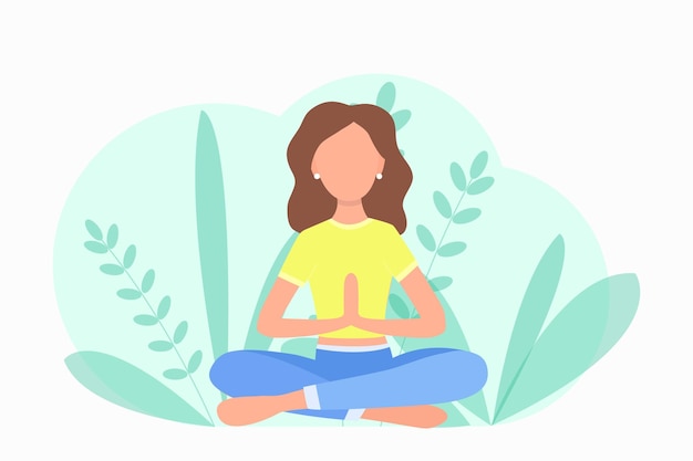 Girl in nature sits in lotus position vector illustration concept