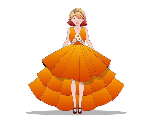 Vector a girl in an orange dress with a white background