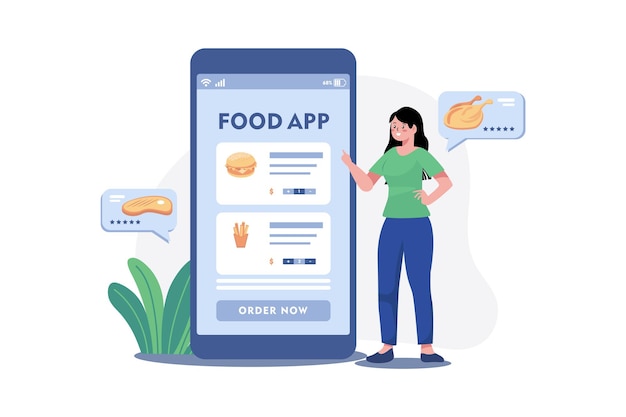 Vector girl order food from mobile app