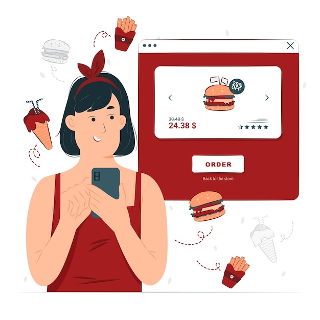 A girl order food online illustration