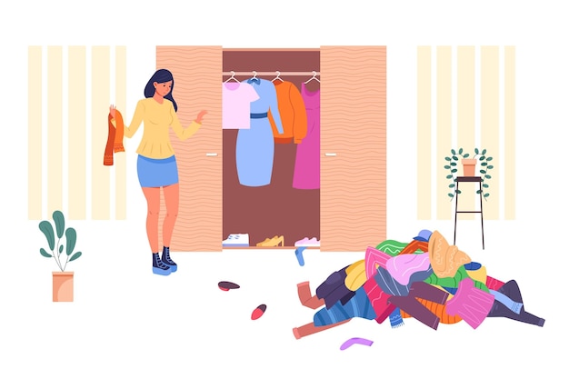 La ragazza organizza l'armadio l'organizzazione ingombra del guardaroba domestico donna declutter ha organizzato l'illustrazione disordinata di vettore del panno di modo