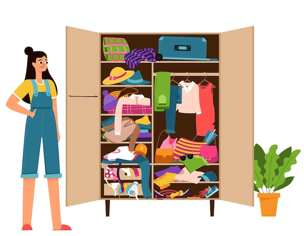 A girl in overalls and a closet from which clothes fall out A mess a cluttered wardrobe Color vector illustration of isolated on a white background